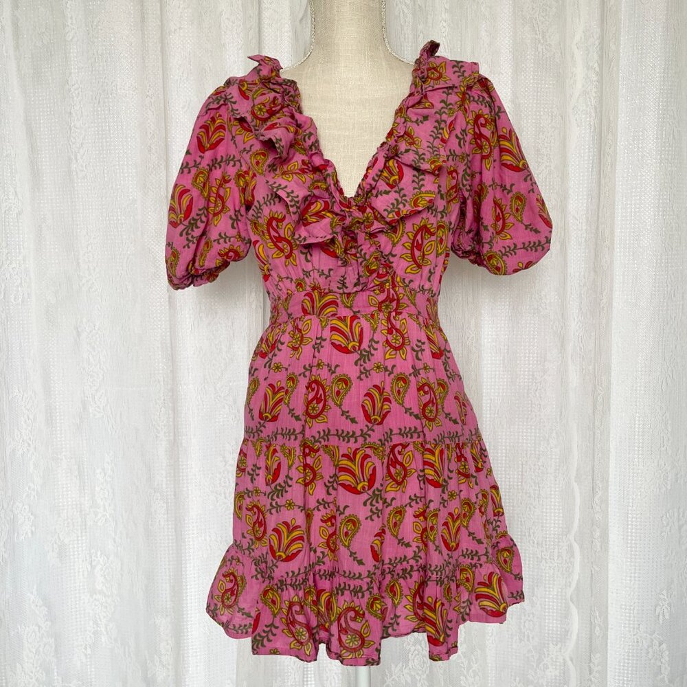 RAHI Women's Amber Dress XS Pink Batik Paisley V-neck Puff Sleeve Boho Ruffle - Picture 3 of 9